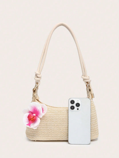 Women's Underarm Shoulder Bag, PU Rope Flower Pendant, Large Capacity, Lightweight, Casual Fashionable Beach Vacation Style,Straw Bag