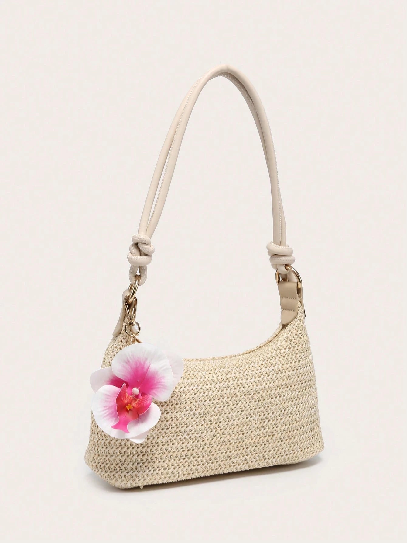 Women's Underarm Shoulder Bag, PU Rope Flower Pendant, Large Capacity, Lightweight, Casual Fashionable Beach Vacation Style,Straw Bag