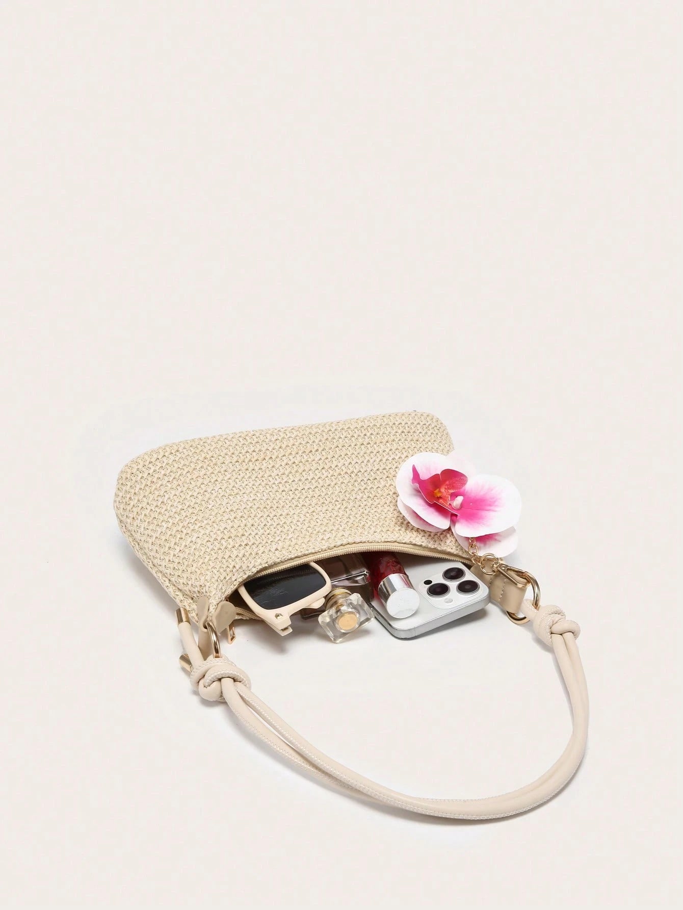 Women's Underarm Shoulder Bag, PU Rope Flower Pendant, Large Capacity, Lightweight, Casual Fashionable Beach Vacation Style,Straw Bag