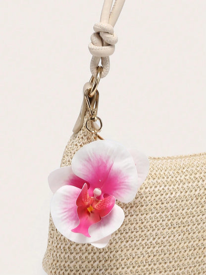 Women's Underarm Shoulder Bag, PU Rope Flower Pendant, Large Capacity, Lightweight, Casual Fashionable Beach Vacation Style,Straw Bag