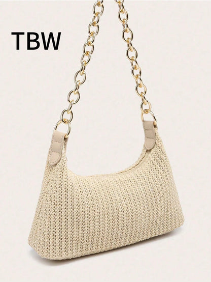 Women's Underarm Shoulder Bag, PU Rope Flower Pendant, Large Capacity, Lightweight, Casual Fashionable Beach Vacation Style,Straw Bag