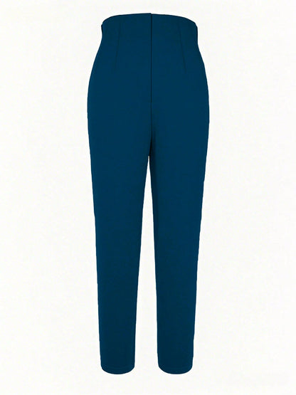 Women's Waist-Cinching Slim Fit Ankle-Length Commuter Pants, Knitted Fabric, With Zipper And Pockets, Medium Stretch, Perfect For Autumn/Winter Back To School, Navy Blue