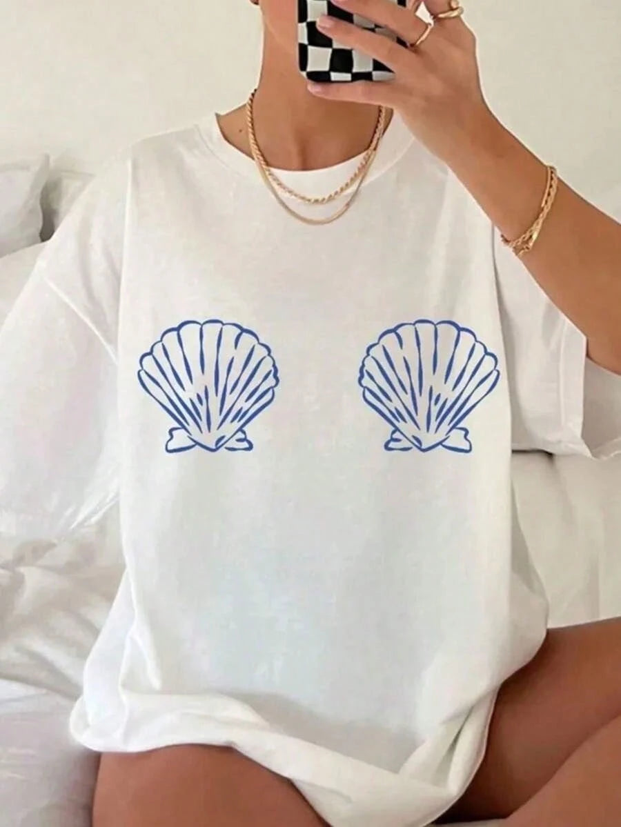Women's White & Blue Tropical Seashell & Starfish Print T-Shirt- Soft Breathable Short Sleeve Beach Shirt, Loose Fit Casual Summer Top With