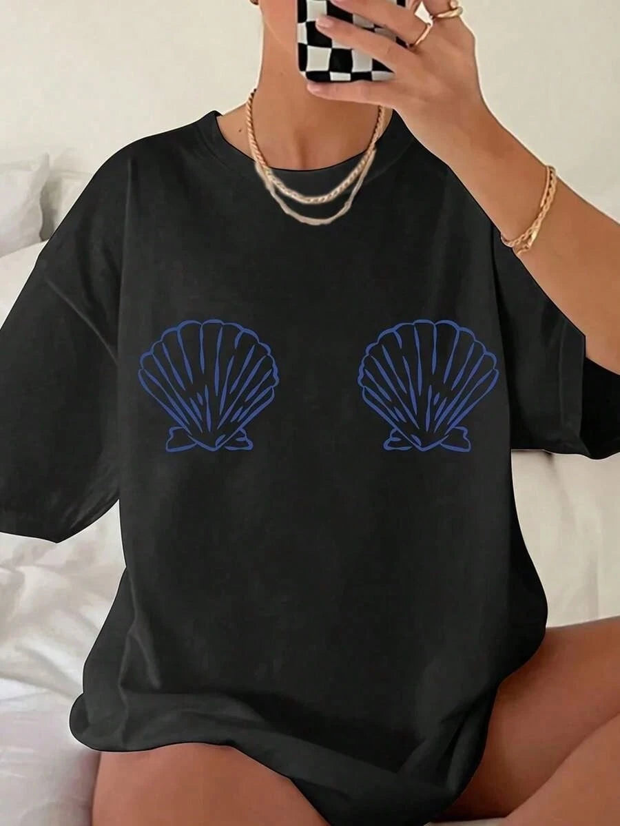 Women's White & Blue Tropical Seashell & Starfish Print T-Shirt- Soft Breathable Short Sleeve Beach Shirt, Loose Fit Casual Summer Top With