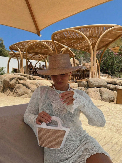 Women's White Hollow Long Sleeve Knit Dress, Y2K Casual Loose Fit, Elegant Beach Vacation Style, Swimwear Cover-Up, Party Beach Outfit Summer, Resort Wear