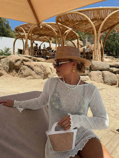 Women's White Hollow Long Sleeve Knit Dress, Y2K Casual Loose Fit, Elegant Beach Vacation Style, Swimwear Cover-Up, Party Beach Outfit Summer, Resort Wear