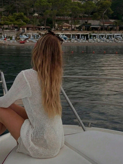 Women's White Hollow Long Sleeve Knit Dress, Y2K Casual Loose Fit, Elegant Beach Vacation Style, Swimwear Cover-Up, Party Beach Outfit Summer, Resort Wear