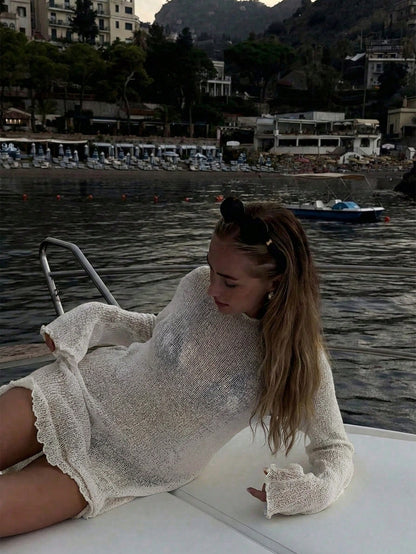 Women's White Hollow Long Sleeve Knit Dress, Y2K Casual Loose Fit, Elegant Beach Vacation Style, Swimwear Cover-Up, Party Beach Outfit Summer, Resort Wear
