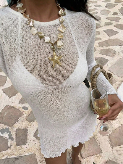 Women's White Hollow Long Sleeve Knit Dress, Y2K Casual Loose Fit, Elegant Beach Vacation Style, Swimwear Cover-Up, Party Beach Outfit Summer, Resort Wear