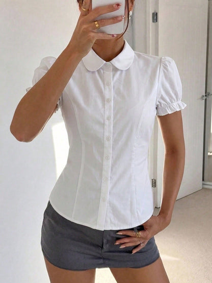 Women's White Short Petal Sleeve Shirt With Tie Collar, Ruffle Trim, Regular Length Sheer Polyester Blouse Summer
