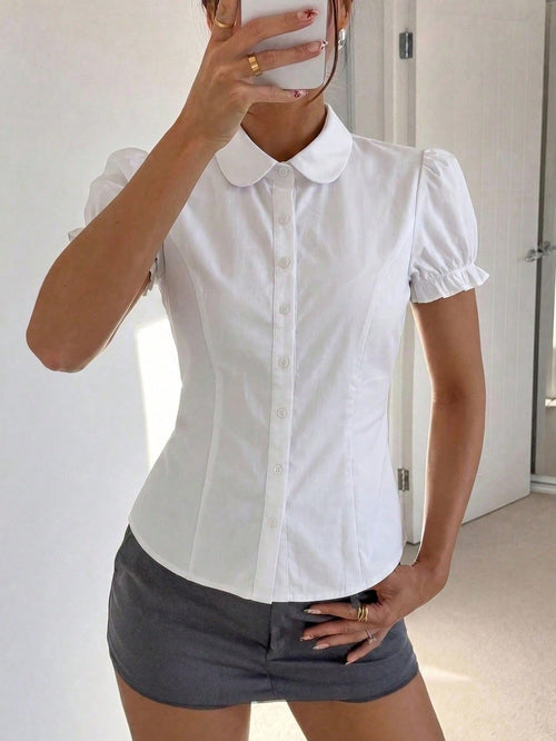 Women's White Short Petal Sleeve Shirt With Tie Collar, Ruffle Trim, Regular Length Sheer Polyester Blouse Summer