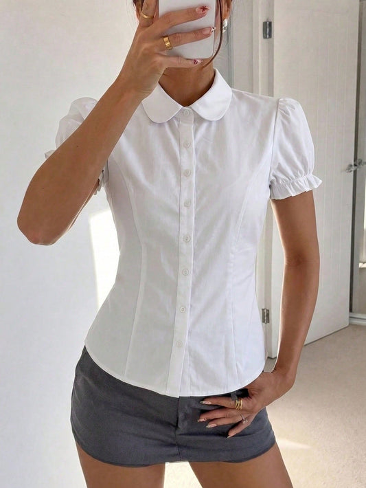 Women's White Short Petal Sleeve Shirt With Tie Collar, Ruffle Trim, Regular Length Sheer Polyester Blouse Summer
