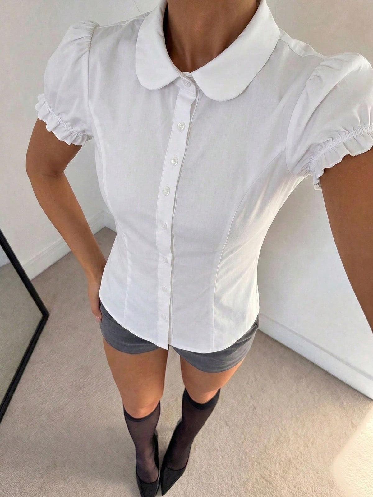 Women's White Short Petal Sleeve Shirt With Tie Collar, Ruffle Trim, Regular Length Sheer Polyester Blouse Summer