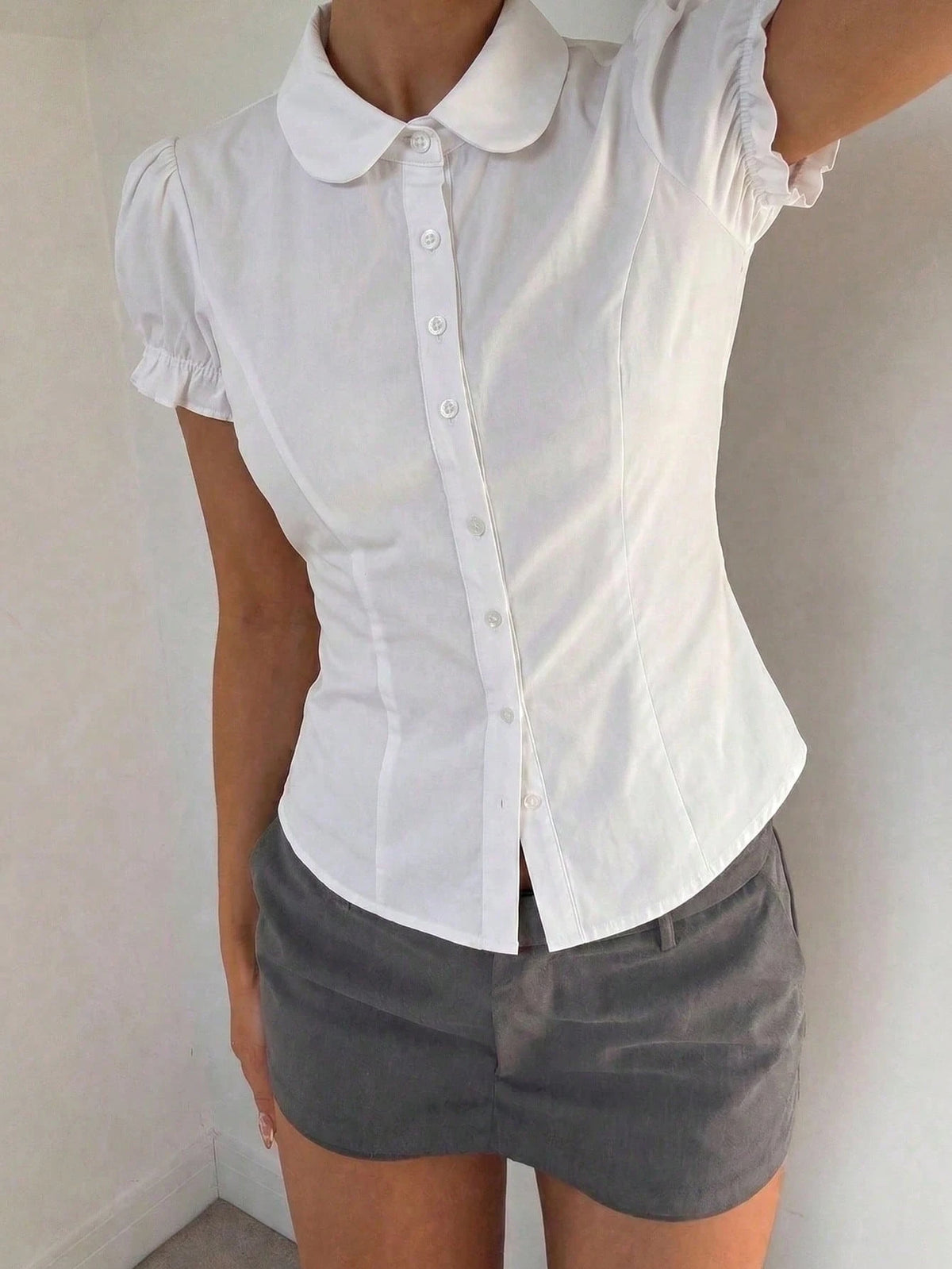 Women's White Short Petal Sleeve Shirt With Tie Collar, Ruffle Trim, Regular Length Sheer Polyester Blouse Summer