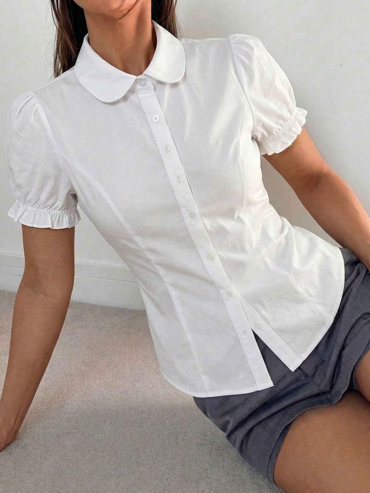 Women's White Short Petal Sleeve Shirt With Tie Collar, Ruffle Trim, Regular Length Sheer Polyester Blouse Summer