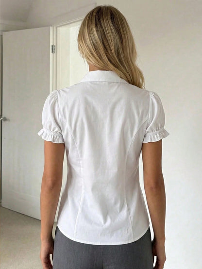 Women's White Short Petal Sleeve Shirt With Tie Collar, Ruffle Trim, Regular Length Sheer Polyester Blouse Summer