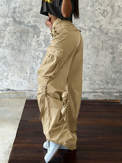 Women's Y2K Streetwear Flap Pocket Strap Detail Loose Casual Wide Leg Parachute Cargo Pants Spring