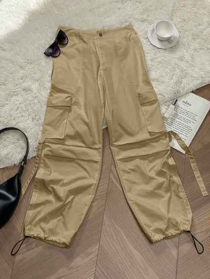 Women's Y2K Streetwear Flap Pocket Strap Detail Loose Casual Wide Leg Parachute Cargo Pants Spring