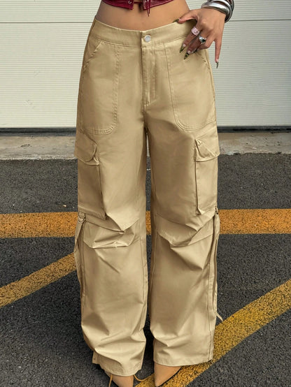 Women's Y2K Streetwear Flap Pocket Strap Detail Loose Casual Wide Leg Parachute Cargo Pants Spring