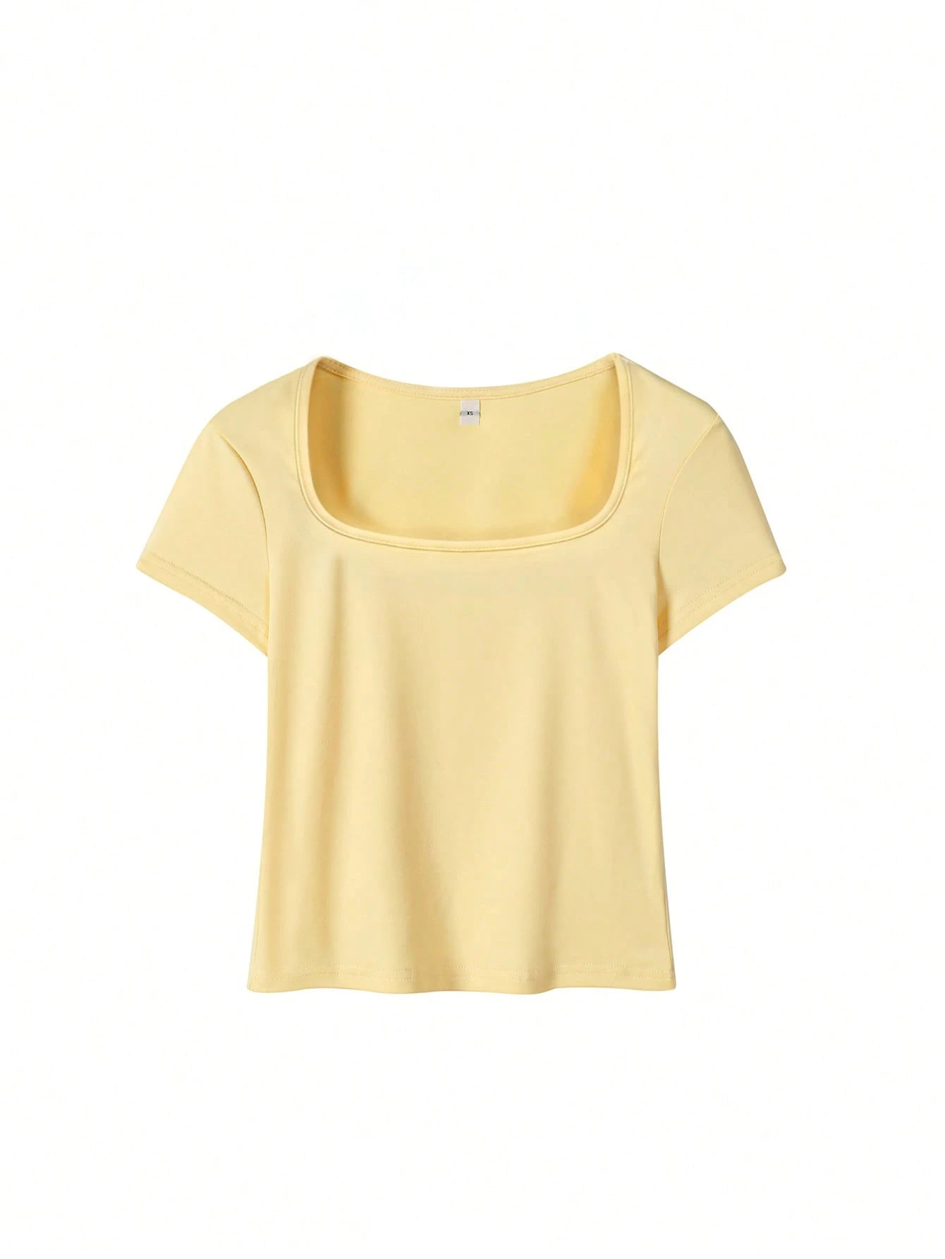 Women's Y2K Style Yellow Square Neck Fitted Cropped Top, Made Of Stretchy Fabric, Short Sleeve Fitted Cut, Minimalist Style, Suitable For Dates, Hangouts With Friends, Spring/Summer Casual Outings