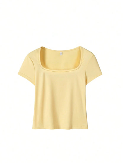 Women's Y2K Style Yellow Square Neck Fitted Cropped Top, Made Of Stretchy Fabric, Short Sleeve Fitted Cut, Minimalist Style, Suitable For Dates, Hangouts With Friends, Spring/Summer Casual Outings