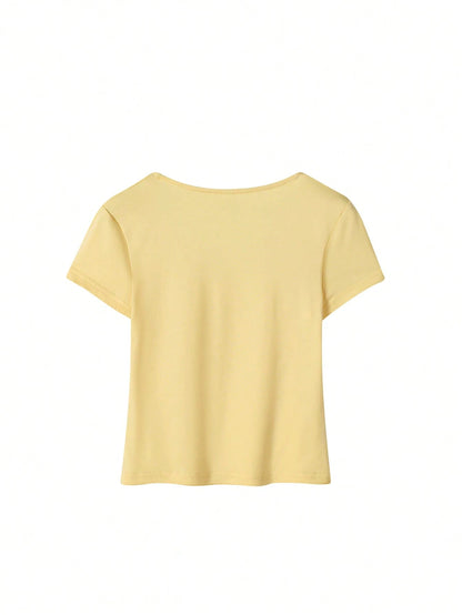 Women's Y2K Style Yellow Square Neck Fitted Cropped Top, Made Of Stretchy Fabric, Short Sleeve Fitted Cut, Minimalist Style, Suitable For Dates, Hangouts With Friends, Spring/Summer Casual Outings