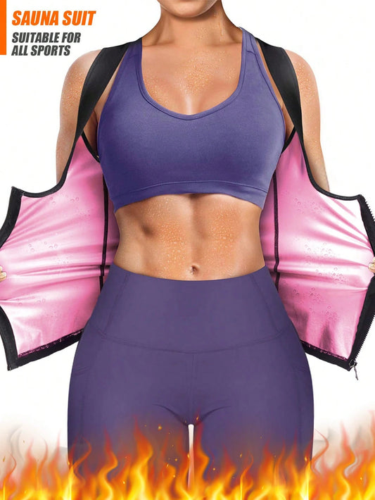 Women's Zip-Up Sauna Sweat Vest Breathable Stretchy Exercise Top For Running Gym Training Heat Retention Fabric Sports