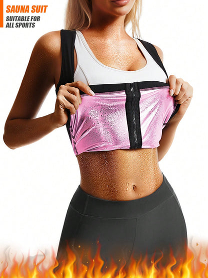Women's Zip-Up Sauna Sweat Vest Breathable Stretchy Exercise Top For Running Gym Training Heat Retention Fabric Sports