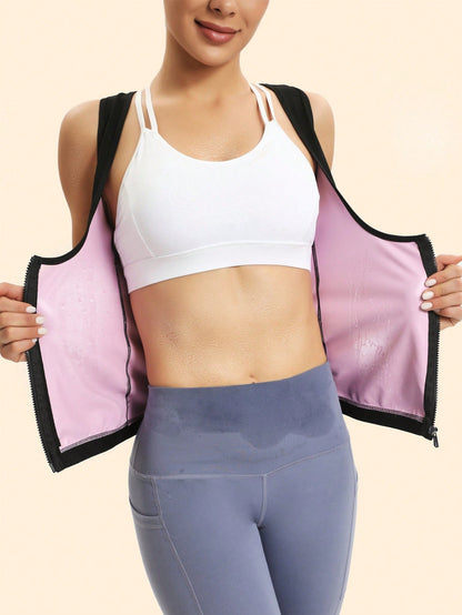 Women's Zip-Up Sauna Sweat Vest Breathable Stretchy Exercise Top For Running Gym Training Heat Retention Fabric Sports