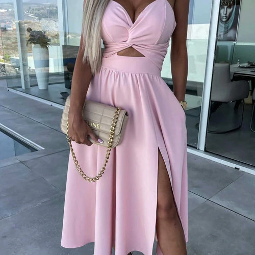 Women Spaghetti Strap Twist Cutout Midi Dress, High Slit Flowy Satin Skirt, Night Out Wedding Guest Ropa De Fiesta Outfit