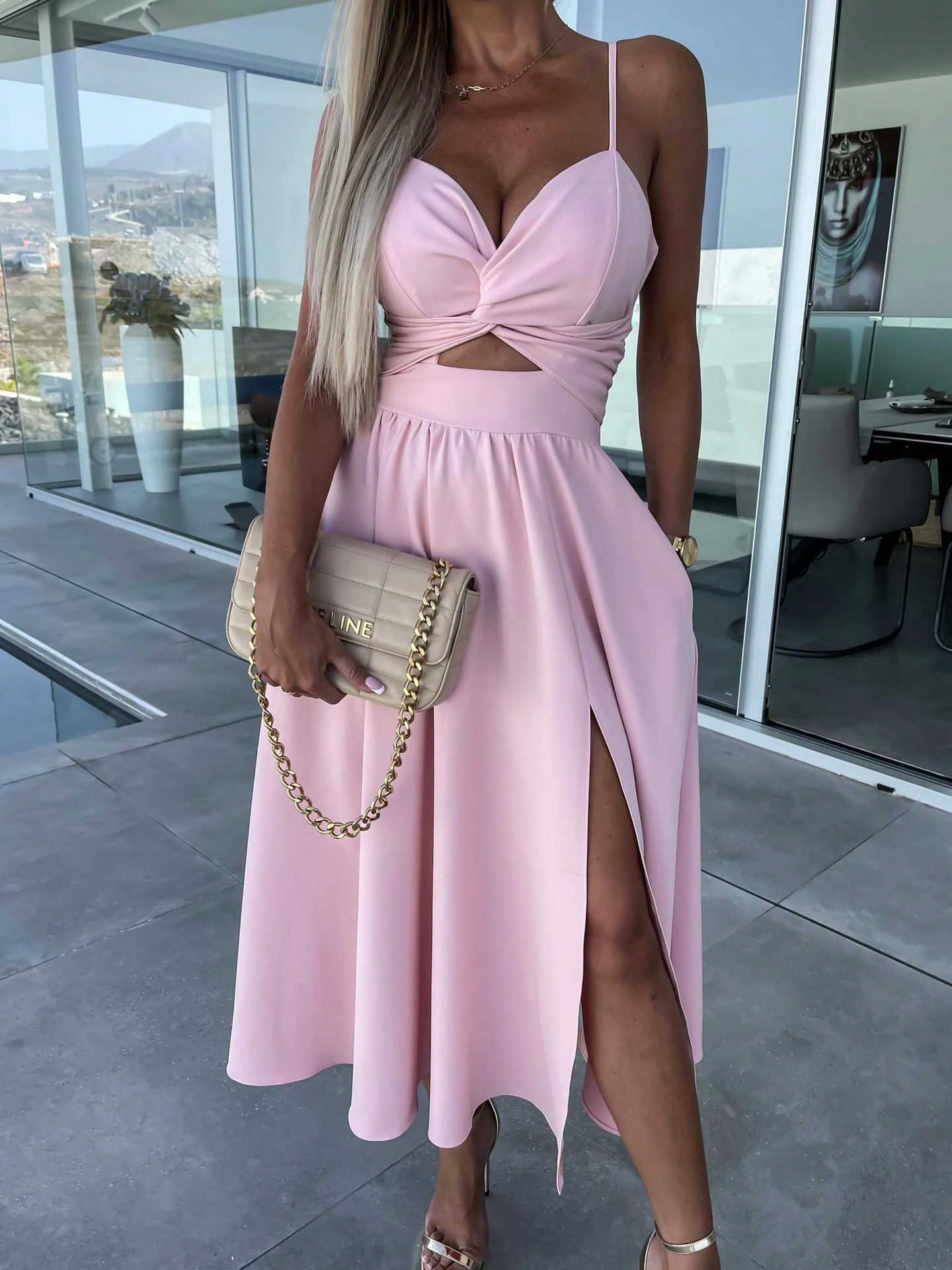 Women Spaghetti Strap Twist Cutout Midi Dress, High Slit Flowy Satin Skirt, Night Out Wedding Guest Ropa De Fiesta Outfit