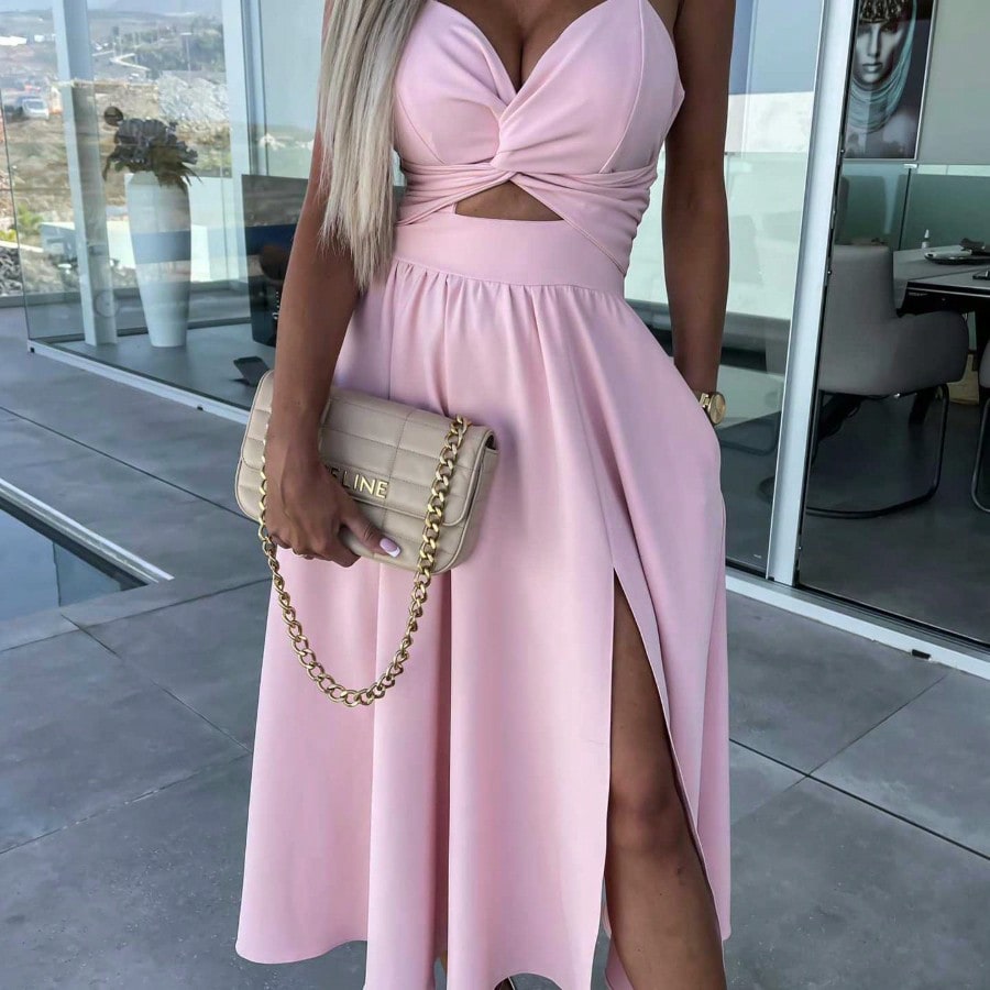 Women Spaghetti Strap Twist Cutout Midi Dress, High Slit Flowy Satin Skirt, Night Out Wedding Guest Ropa De Fiesta Outfit