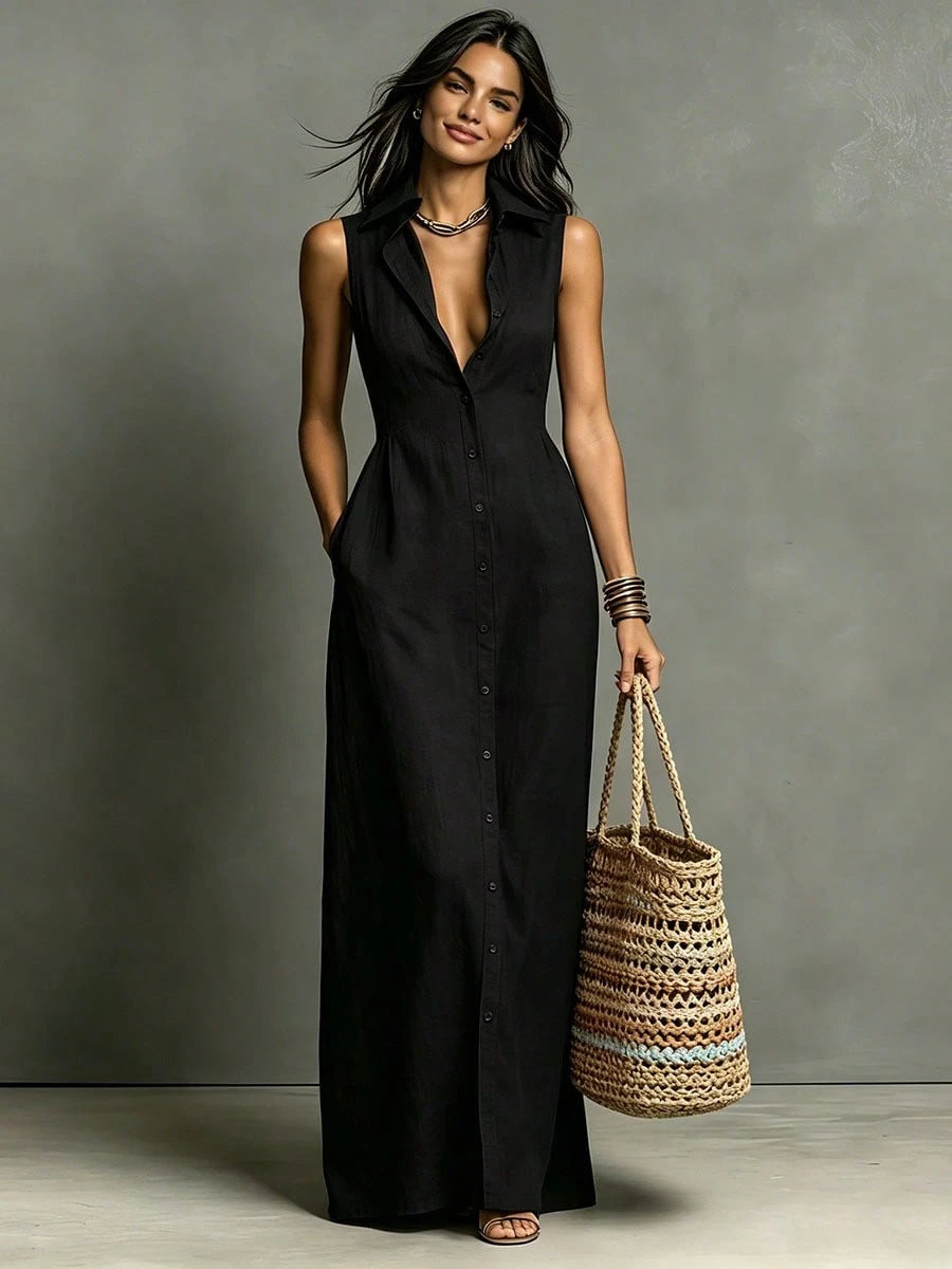 Women Summer Casual Dress New Arrival Solid Color Lapel Collar Button Front Sleeveless Loose Dress With Side Pockets
