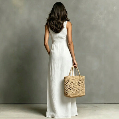 Women Summer Casual Dress New Arrival Solid Color Lapel Collar Button Front Sleeveless Loose Dress With Side Pockets