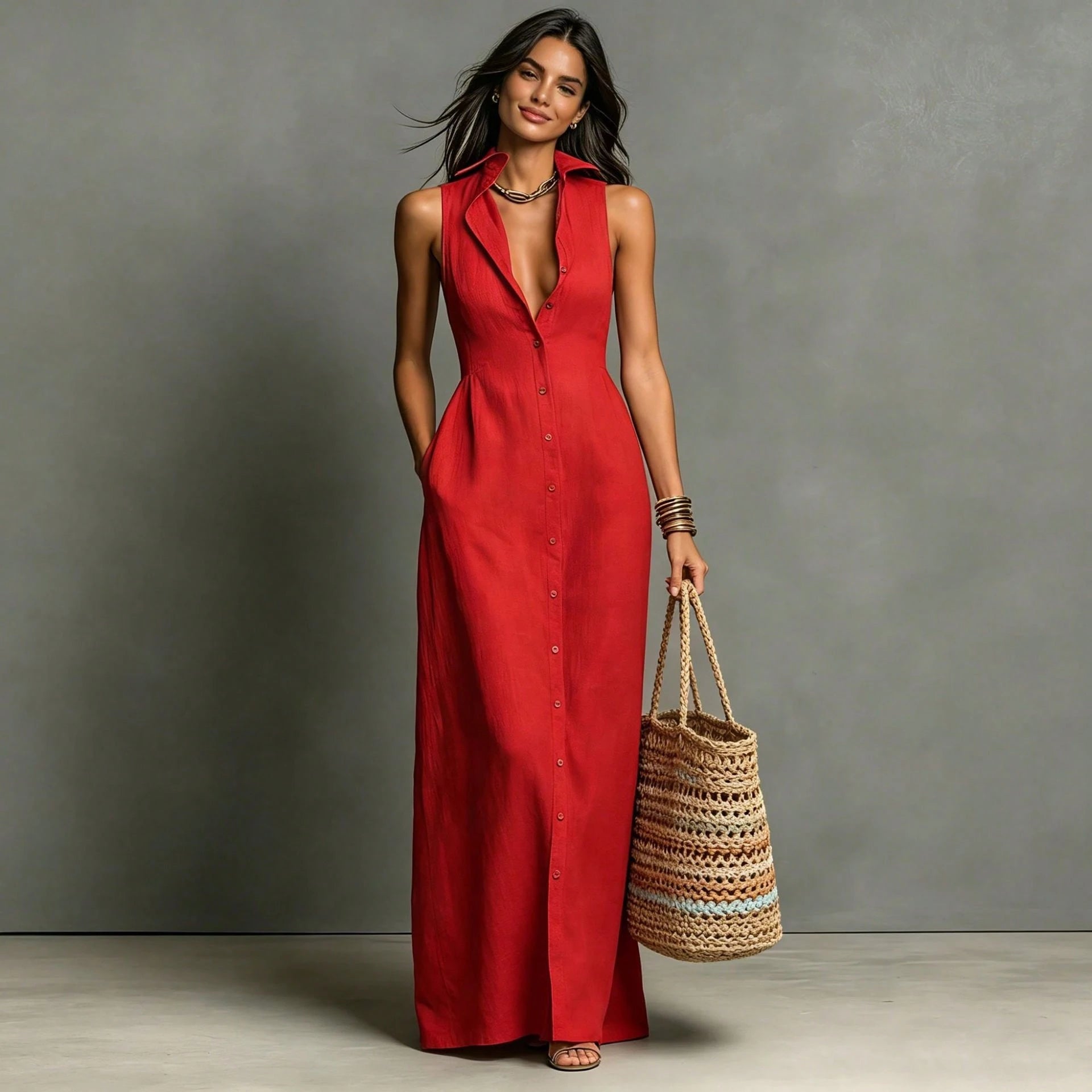 Women Summer Casual Dress New Arrival Solid Color Lapel Collar Button Front Sleeveless Loose Dress With Side Pockets