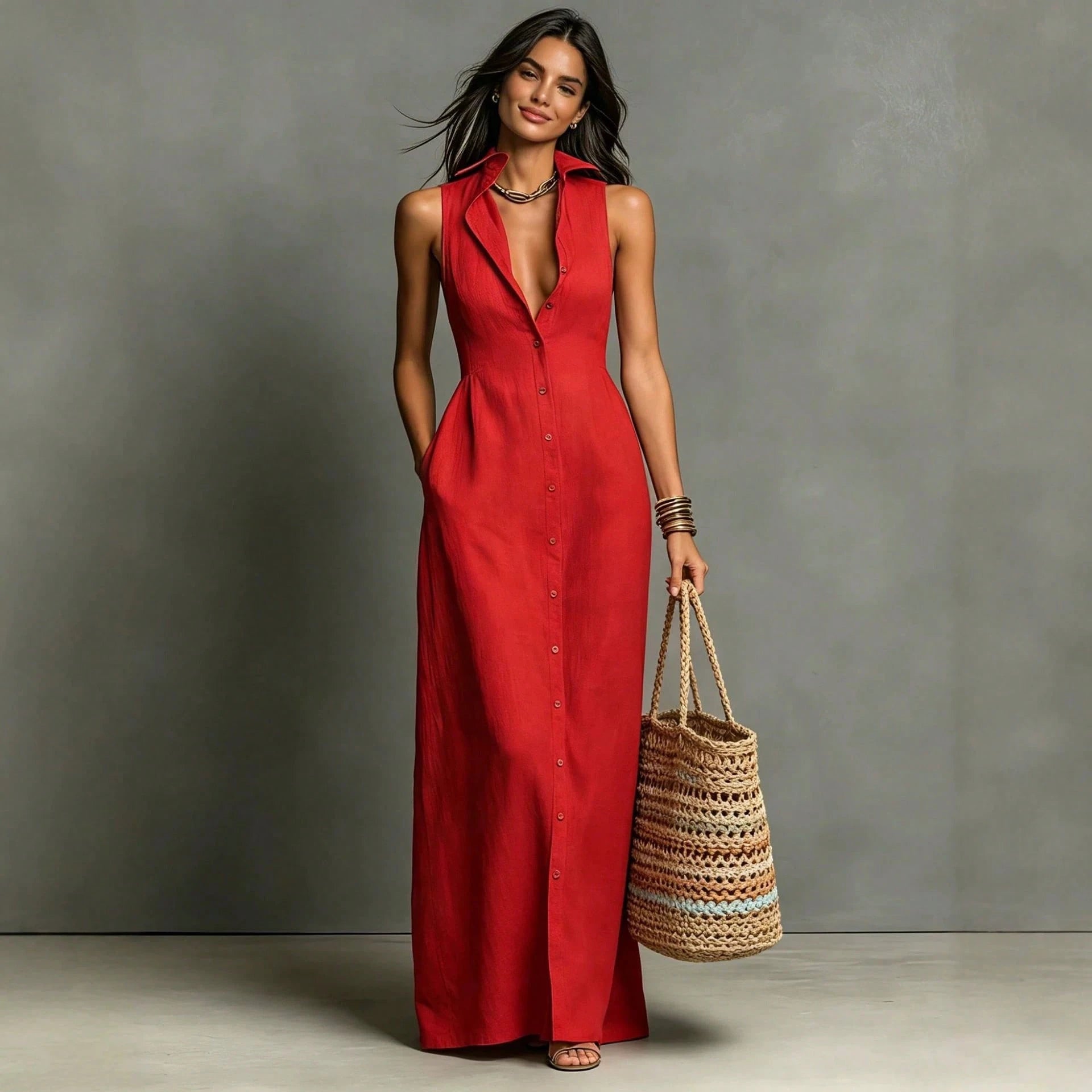 Women Summer Casual Dress New Arrival Solid Color Lapel Collar Button Front Sleeveless Loose Dress With Side Pockets