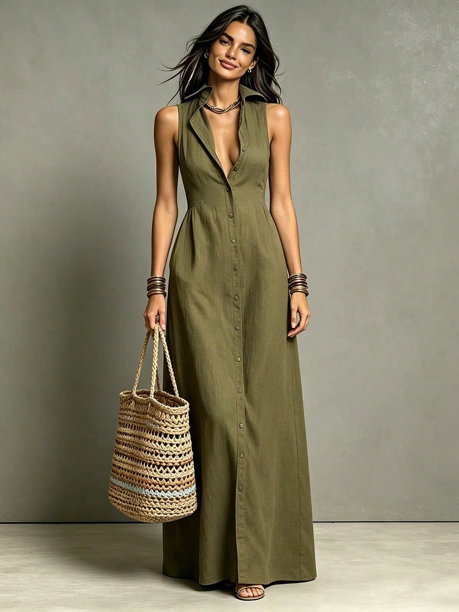 Women Summer Casual Dress New Arrival Solid Color Lapel Collar Button Front Sleeveless Loose Dress With Side Pockets