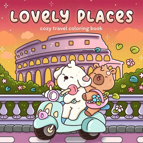Wonderful Places: Cozy Travel Coloring Book- 40 Pages, 205gsm Thick Opaque Paper| Imaginative Global Destination Scenes (Cute Puppies And Bears Skateboarding Around Iconic Landmarks)| Bold Outlines