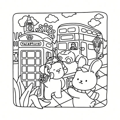 Wonderful Places: Cozy Travel Coloring Book- 40 Pages, 205gsm Thick Opaque Paper| Imaginative Global Destination Scenes (Cute Puppies And Bears Skateboarding Around Iconic Landmarks)| Bold Outlines