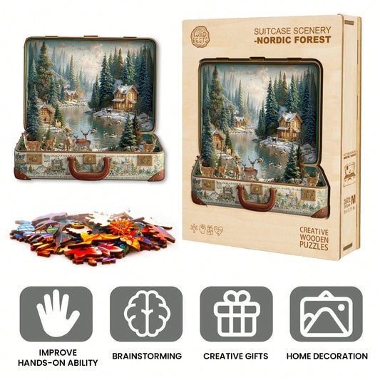 WOODBESTS 1PC Suitcase Scenery Wooden Irregular Puzzle, Animal-Shaped 2D Jigsaw Toy For Kids And Adults. Educational Game, Great Gift For Party, Holiday, Christmas And Birthday. Unique Magical Desktop