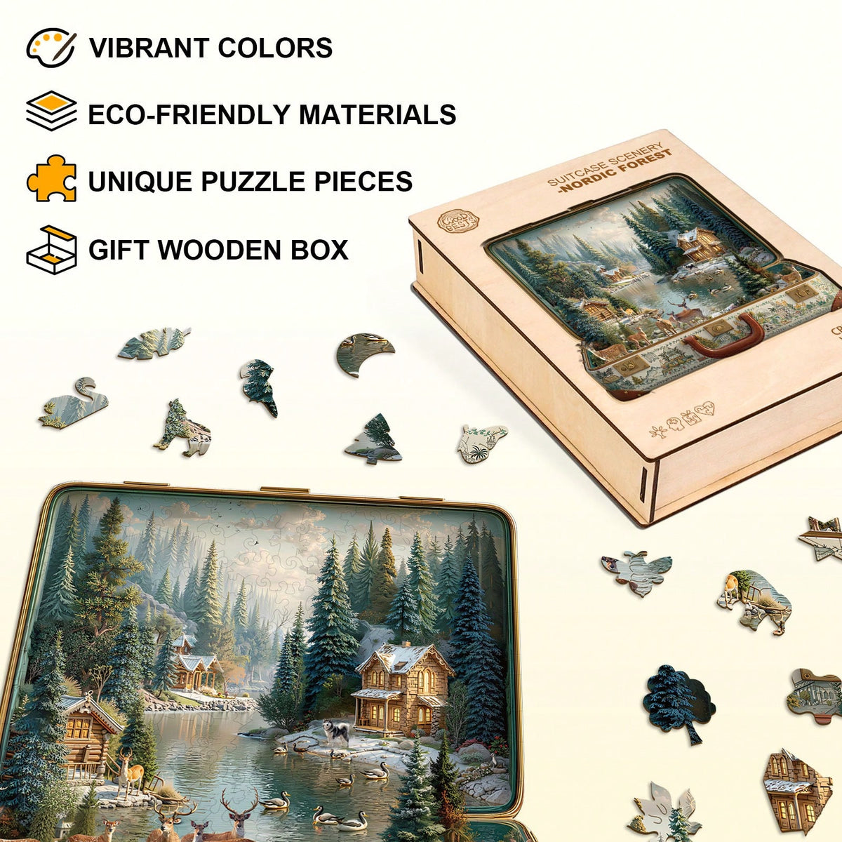 WOODBESTS 1PC Suitcase Scenery Wooden Irregular Puzzle, Animal-Shaped 2D Jigsaw Toy For Kids And Adults. Educational Game, Great Gift For Party, Holiday, Christmas And Birthday. Unique Magical Desktop
