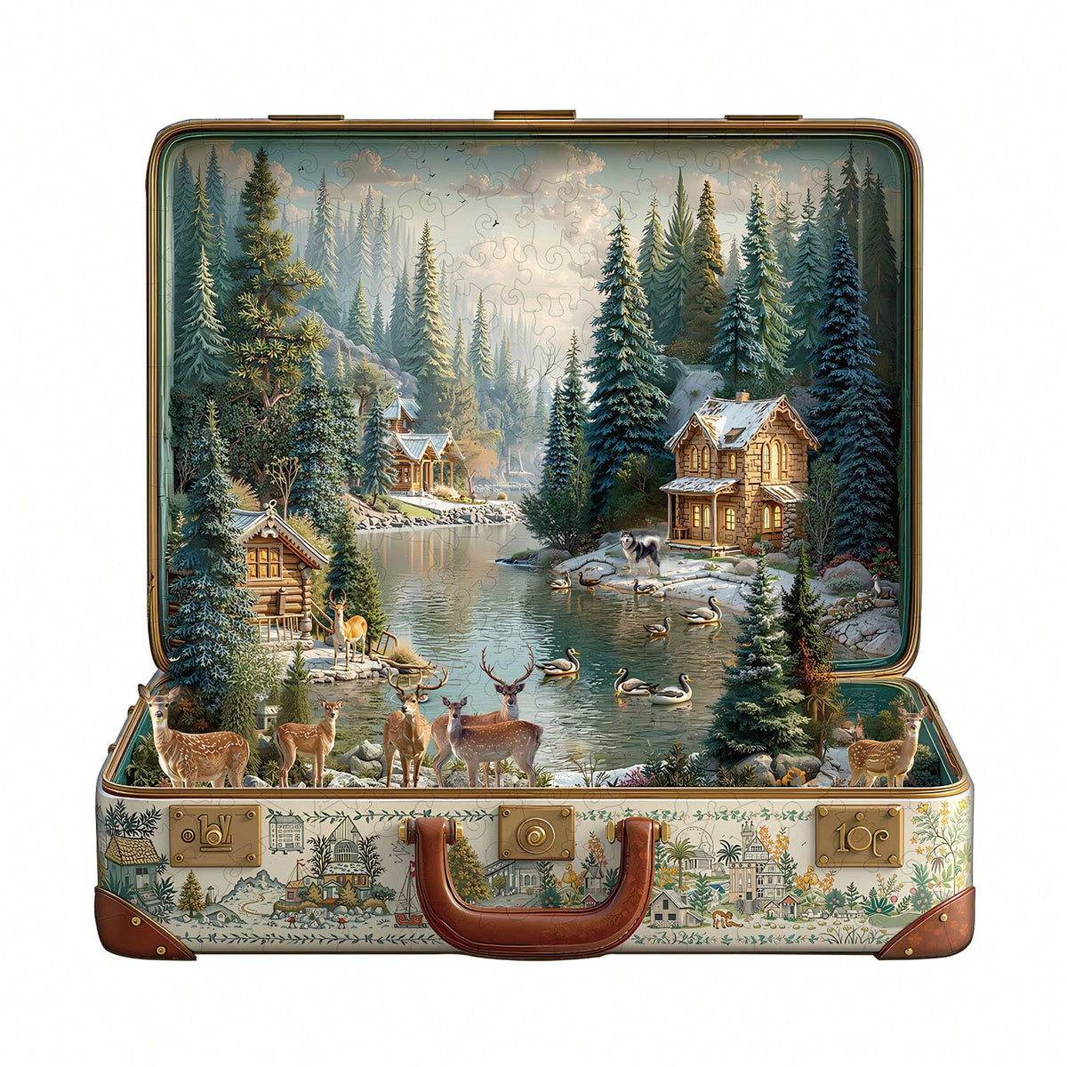 WOODBESTS 1PC Suitcase Scenery Wooden Irregular Puzzle, Animal-Shaped 2D Jigsaw Toy For Kids And Adults. Educational Game, Great Gift For Party, Holiday, Christmas And Birthday. Unique Magical Desktop