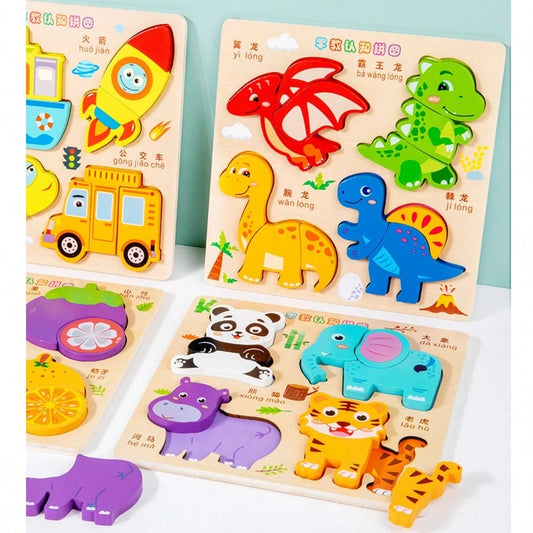 Wooden 3D Puzzle Montessori Early Education Toys, Cognitive Matching Game For Kids- Animals, Transportation, Fruits