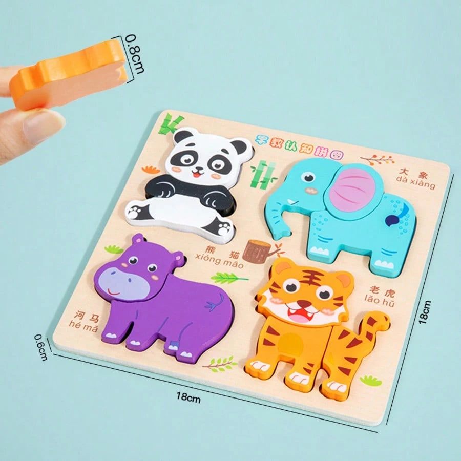 Wooden 3D Puzzle Montessori Early Education Toys, Cognitive Matching Game For Kids- Animals, Transportation, Fruits