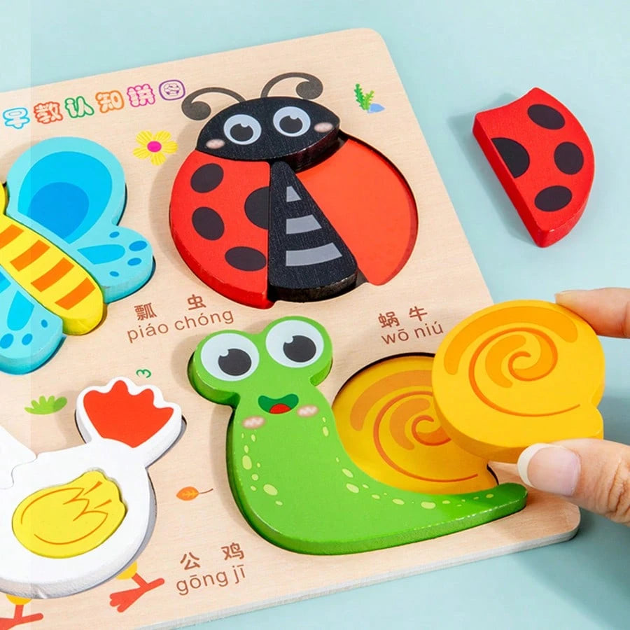 Wooden 3D Puzzle Montessori Early Education Toys, Cognitive Matching Game For Kids- Animals, Transportation, Fruits