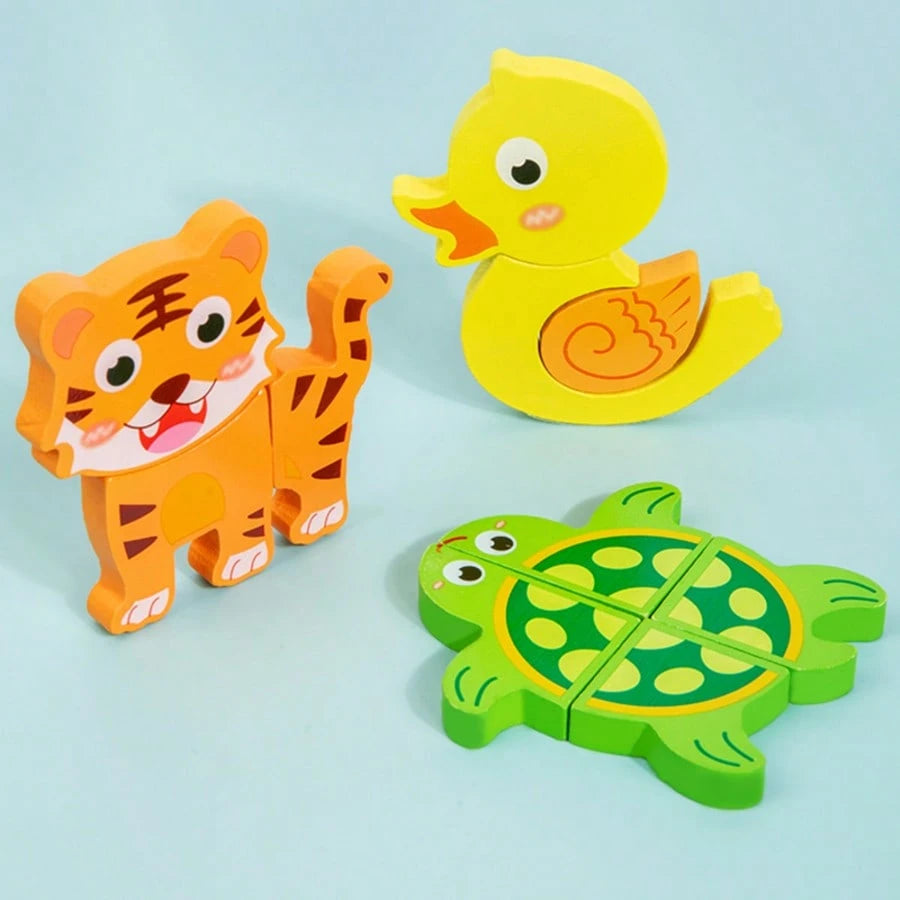 Wooden 3D Puzzle Montessori Early Education Toys, Cognitive Matching Game For Kids- Animals, Transportation, Fruits