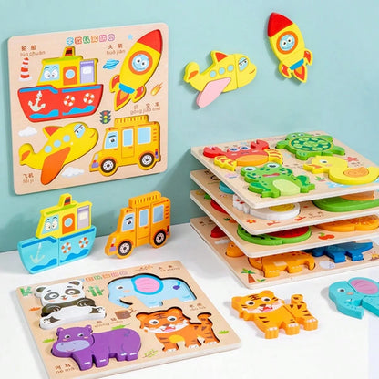 Wooden 3D Puzzle Montessori Early Education Toys, Cognitive Matching Game For Kids- Animals, Transportation, Fruits