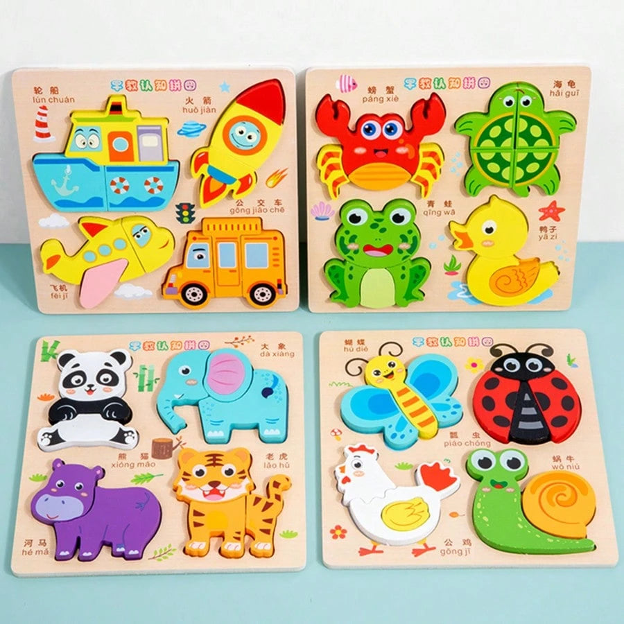 Wooden 3D Puzzle Montessori Early Education Toys, Cognitive Matching Game For Kids- Animals, Transportation, Fruits