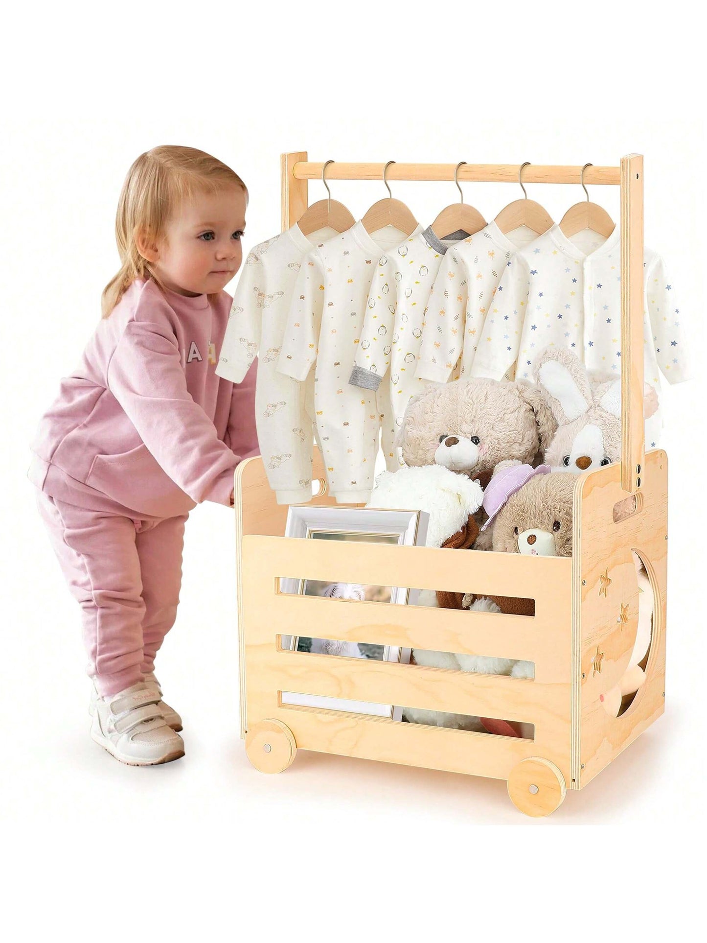 Wooden Baby Shower Crate Closet With Wheels & Higher Handle, Pushable Baby Shower Gifts Baby Basket, Wooden Crate For Storage