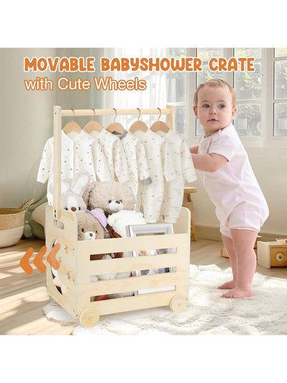 Wooden Baby Shower Crate Closet With Wheels & Higher Handle, Pushable Baby Shower Gifts Baby Basket, Wooden Crate For Storage